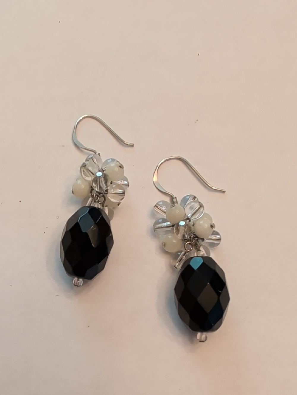 Sterling Silver Hooks Floral Drop Earrings with Black Faceted Beads